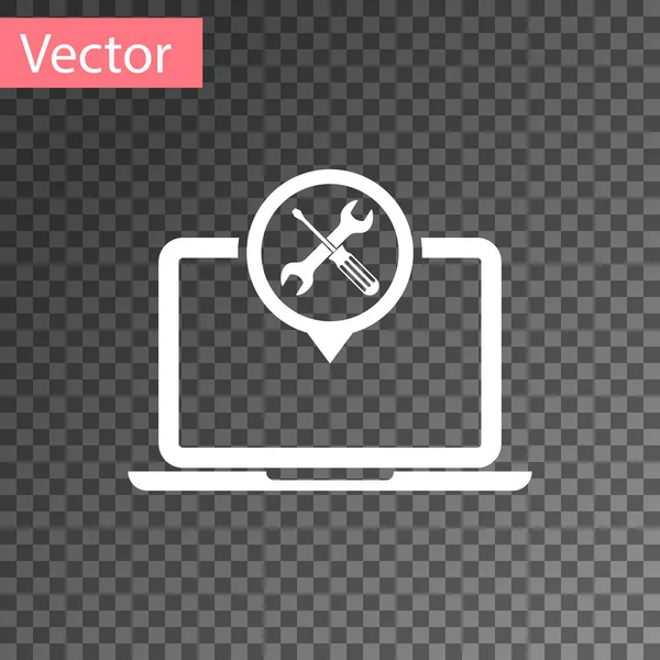 Ordenador portátil blanco con destornillador e icono de la llave inglesa aislado sobre fondo transparente. Ajuste, servicio, ajuste, mantenimiento, reparación, fijación. Ilustración vectorial — Archivo Imágenes Vectoriales