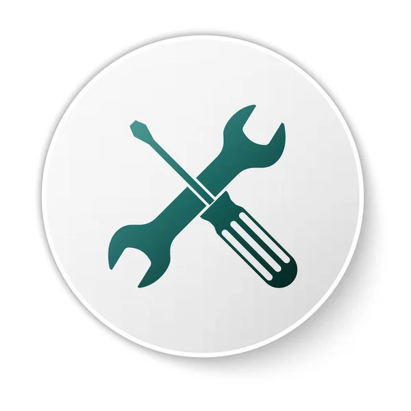 Chave de fenda cruzada verde e ícone de ferramentas de chave de fenda isolado no fundo branco. Símbolo da ferramenta de serviço. Botão de círculo branco. Ilustração vetorial —  Vetores de Stock
