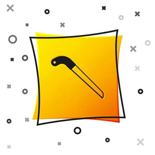 Icono de sierra de jardín negro aislado sobre fondo blanco. Botón cuadrado amarillo. Ilustración vectorial — Vector de stock
