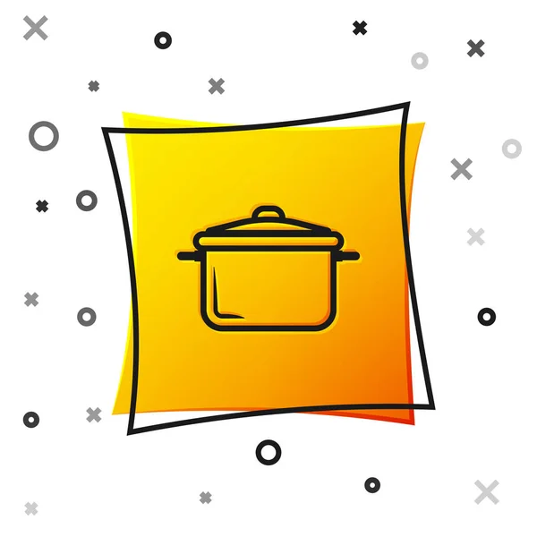 Black Cooking pote ícone isolado no fundo branco. Ferva ou guisado símbolo de comida. Botão quadrado amarelo. Ilustração vetorial — Vetor de Stock