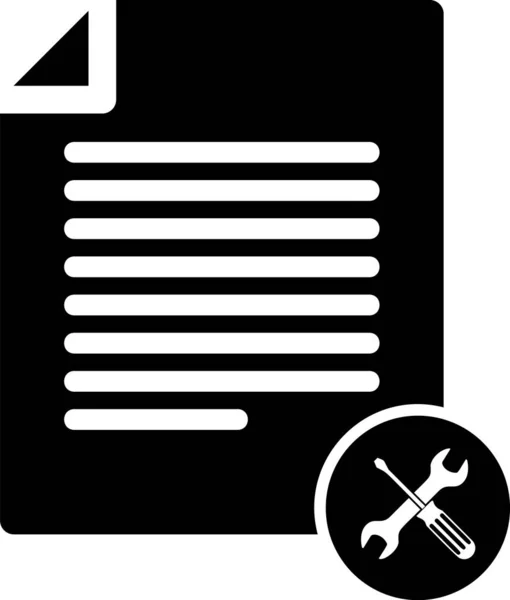 Документ черного цвета с отверткой и значком гаечного ключа выделен на белом фоне. Регулировка, обслуживание, настройка, обслуживание, ремонт, фиксация. Векторная миграция — стоковый вектор