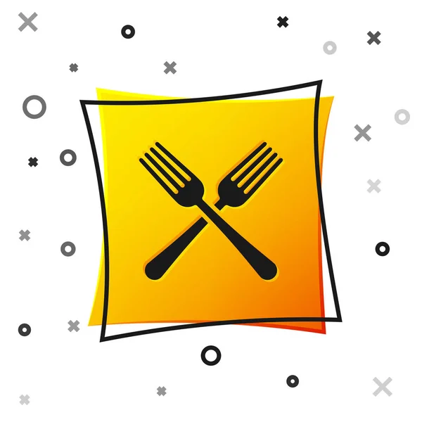 Black Crossed fork icon isolated on white background. Cutlery symbol. Yellow square button. Vector Illustration — Stock Vector