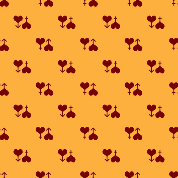 Vermelho Ícone de coração de símbolo masculino e feminino isolado padrão sem costura no fundo marrom. Símbolo de género. Ilustração vetorial — Vetor de Stock