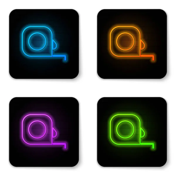 Glowing neon Roulette construction icon isolated on white background. Tape measure symbol. Black square button. Vector Illustration — Stock Vector