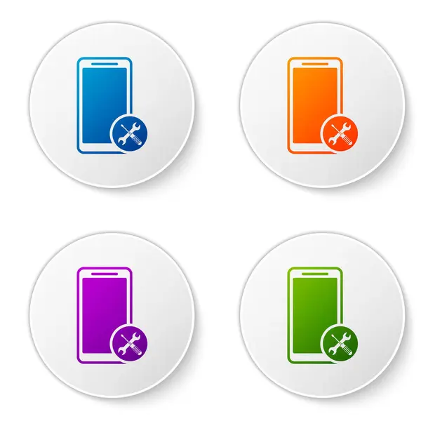 Χρώμα smartphone με κατσαβίδι και εικονίδιο κλειδί απομονώνεται σε λευκό φόντο. Ρύθμιση, εξυπηρέτηση, ρύθμιση, συντήρηση, επισκευή, επιδιόρθωση. Ορίστε εικονίδια σε κυκλικά κουμπιά. Απεικόνιση διανυσματικών φορέων — Διανυσματικό Αρχείο