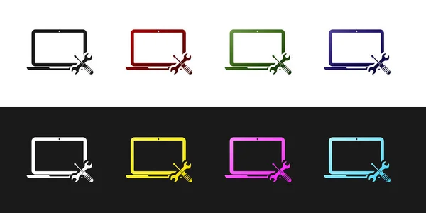 Set Laptop con destornillador e icono de llave inglesa aislado sobre fondo blanco y negro. Ajuste, servicio, ajuste, mantenimiento, reparación, fijación. Ilustración vectorial — Archivo Imágenes Vectoriales