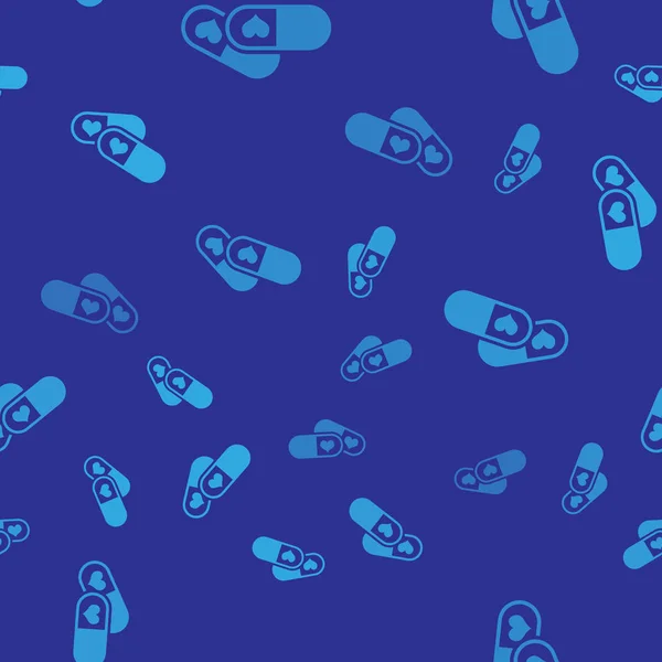 Kék pills a hatékonyságot, afrodiziákum ikon elszigetelt varrat nélküli mintát a kék háttér. Szex tabletták a férfiak és a nők. Vektoros illusztráció — Stock Vector