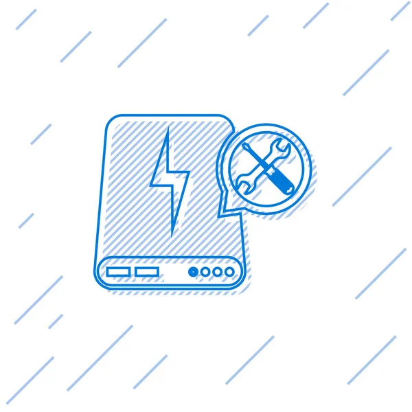 Línea azul Banco de energía con destornillador e icono de llave aislada sobre fondo blanco. Ajuste, servicio, ajuste, mantenimiento, reparación, fijación. Ilustración vectorial — Archivo Imágenes Vectoriales