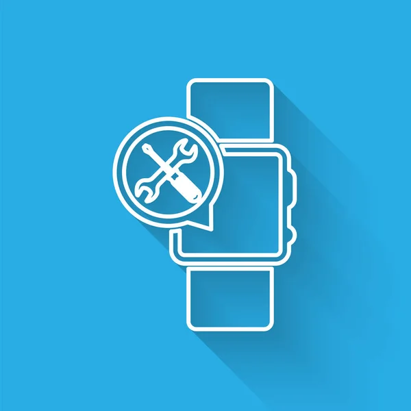 Vit linje SmartWatch med skruvmejsel och skiftnyckelikon isolerad med lång skugga. Justering, service, inställning, underhåll, reparation, fixering. Vektor illustration — Stock vektor