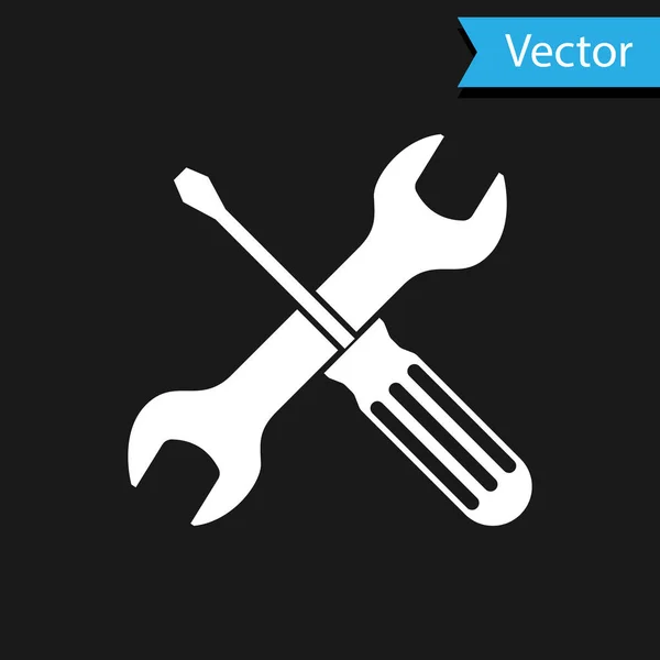 Tournevis croisé blanc et icône des outils de clé isolés sur fond noir. Symbole d'outil de service. Illustration vectorielle — Image vectorielle