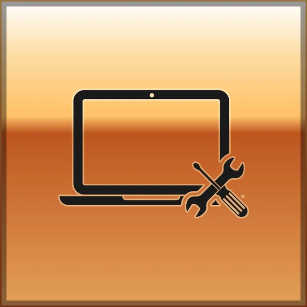 黑色笔记本电脑与螺丝刀和扳手图标隔离在黄金背景。调整、维修、设置、维护、修理、修理。矢量插图 — 图库矢量图片