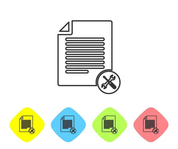 Grijze lijn bestand document met schroevendraaier en moersleutel pictogram geïsoleerd op witte achtergrond. Aanpassing, service, instelling, onderhoud, reparatie, bevestiging. Pictogram instellen in kleur Rhombus-knoppen. Vector illustratie — Stockvector