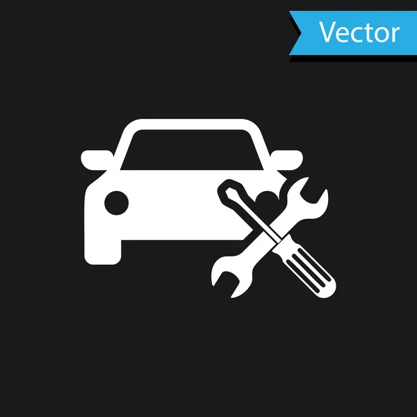 Coche blanco con destornillador e icono de llave inglesa aislado sobre fondo negro. Ajuste, servicio, ajuste, mantenimiento, reparación, fijación. Ilustración vectorial — Vector de stock