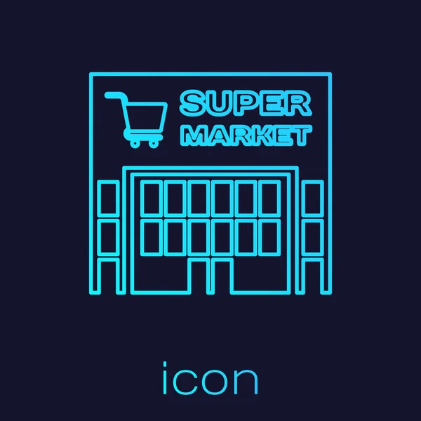 Turquoise line Supermarket building with shopping cart icon isolated on blue background. Shop or store. Mall building. Vector Illustration