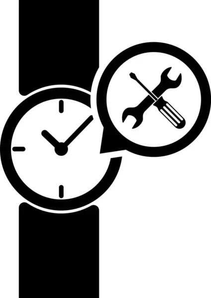 Reloj de pulsera negro con destornillador e icono de la llave inglesa aislado sobre fondo blanco. Ajuste, servicio, ajuste, mantenimiento, reparación, fijación. Ilustración vectorial — Archivo Imágenes Vectoriales