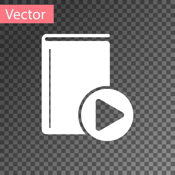 Icono de libro de audio blanco aislado sobre fondo transparente. Juega botón y reserva. Signo de audio guía. Concepto de aprendizaje en línea. Ilustración vectorial — Vector de stock