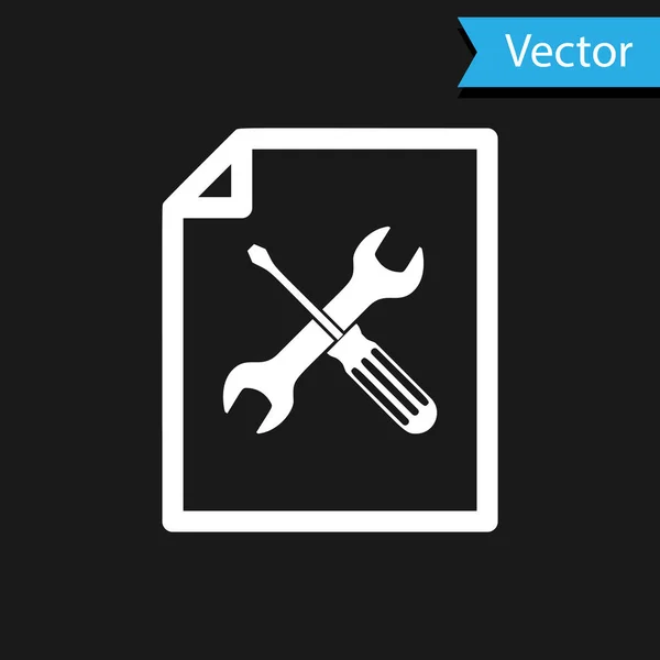 Dokument White File s ikonou šroubováku a klíče izolované na černém pozadí. Seřízení, servis, nastavení, údržba, opravy, upevnění. Vektorová ilustrace — Stockový vektor