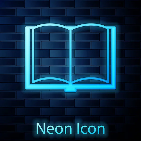Glödande neon Öppen bok ikon isolerad på tegel vägg bakgrund. Vektor Illustration — Stock vektor