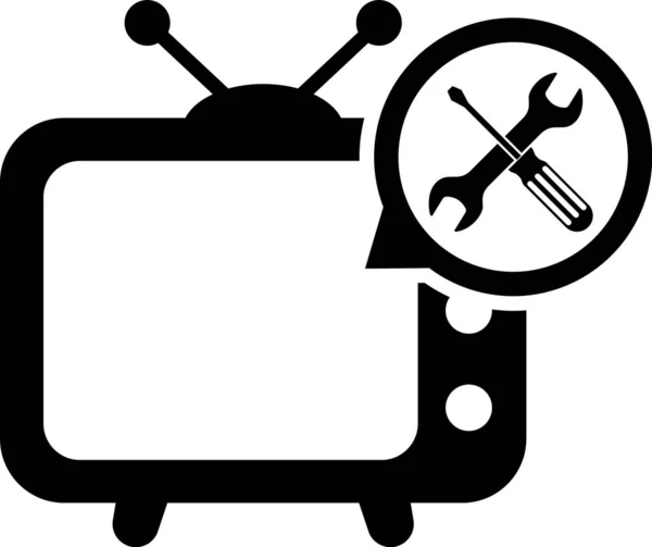 Черный телевизор с отверткой и значком гаечного ключа на белом фоне. Регулировка, обслуживание, настройка, обслуживание, ремонт, фиксация. Векторная миграция — стоковый вектор