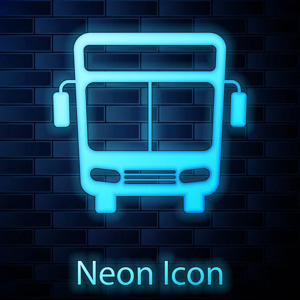 Glowing neon Bus icon isolated on brick wall background. Transportation concept. Bus tour transport sign. Tourism or public vehicle symbol. Vector Illustration — Stock Vector