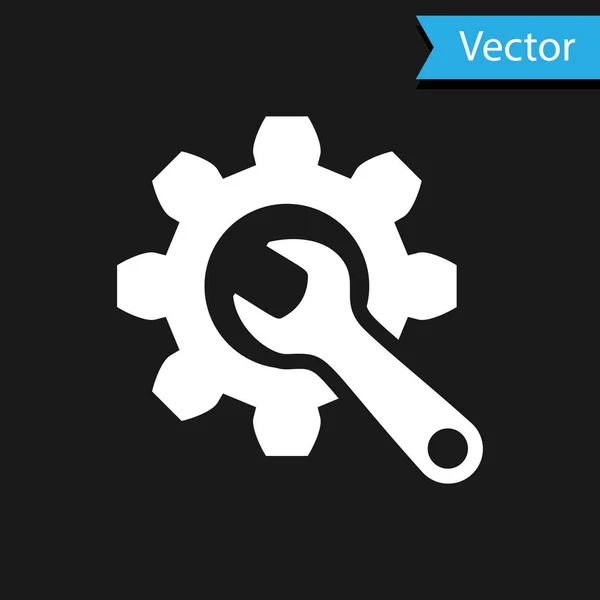 Llave blanca e icono de engranaje aislados sobre fondo negro. Ajuste, servicio, ajuste, mantenimiento, reparación, fijación. Ilustración vectorial — Vector de stock