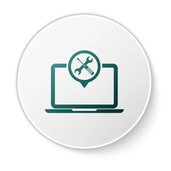 Laptop verde con destornillador e icono de la llave inglesa aislado sobre fondo blanco. Ajuste, servicio, ajuste, mantenimiento, reparación, fijación. Botón círculo blanco. Ilustración vectorial — Archivo Imágenes Vectoriales