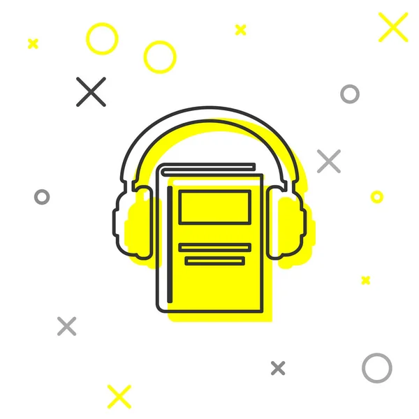 Línea gris Icono de libro de audio aislado sobre fondo blanco. Reserva con auriculares. Signo de audio guía. Concepto de aprendizaje en línea. Ilustración vectorial — Vector de stock