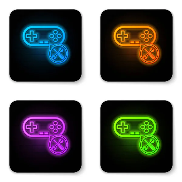 Izzó neon Gamepad csavarhúzó és Csavarkulcs ikon elszigetelt fehér háttér. Beállítása, szerviz, beállítás, karbantartás, javítás, rögzítés. Fekete négyzet gombot. Vektoros illusztráció — Stock Vector