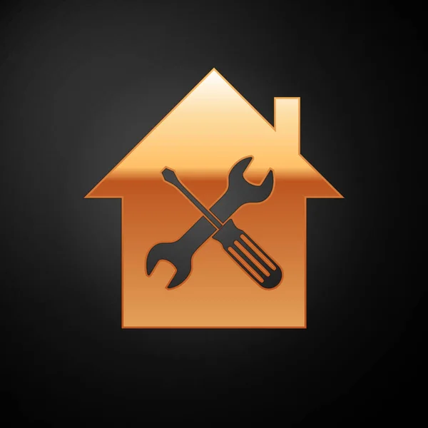 Gold House or home with screwdriver and wrench icon isolated on black background. Adjusting, service, setting, maintenance, repair, fixing. Vector Illustration — Stock Vector