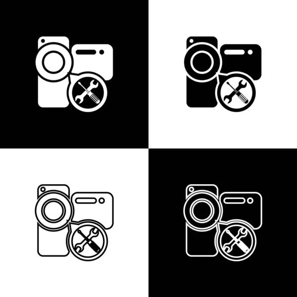 Ρυθμίστε την κάμερα με το κατσαβίδι και το εικονίδιο κλειδιού απομονωμένα σε μαύρο και άσπρο φόντο. Ρύθμιση, εξυπηρέτηση, ρύθμιση, συντήρηση, επισκευή, επιδιόρθωση. Απεικόνιση διανυσματικών φορέων — Διανυσματικό Αρχείο