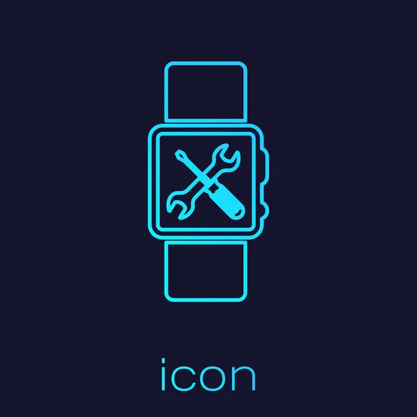 Turquoise lijn SmartWatch met schroevendraaier en moersleutel pictogram geïsoleerd op blauwe achtergrond. Aanpassing, service, instelling, onderhoud, reparatie, bevestiging. Vector illustratie — Stockvector