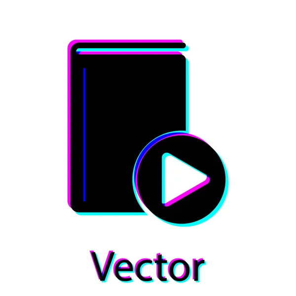 Icono de libro de audio negro aislado sobre fondo blanco. Juega botón y reserva. Signo de audio guía. Concepto de aprendizaje en línea. Ilustración vectorial — Vector de stock