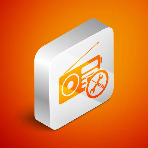 Isometric Radio with screwdriver and wrench icon isolated on orange background. Adjusting, service, setting, maintenance, repair, fixing. Silver square button. Vector Illustration