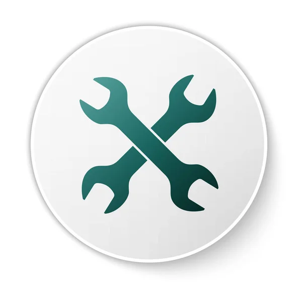 Grön korsad wrenchs ikon isolerad på vit bakgrund. Nyckel reparationsverktyg. Symbol för service verktyg. Vit cirkel knapp. Vektor illustration — Stock vektor