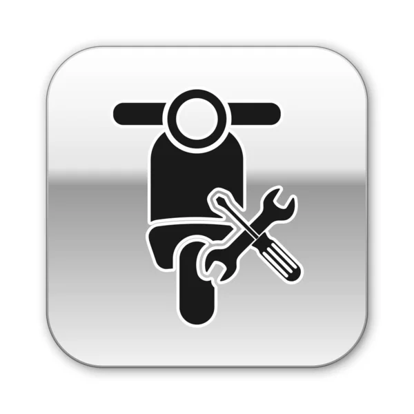Scooter negro con destornillador e icono de la llave inglesa aislado sobre fondo blanco. Ajuste, servicio, ajuste, mantenimiento, reparación, fijación. Botón cuadrado plateado. Ilustración vectorial — Vector de stock