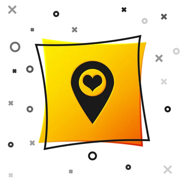 Black Map pointer with heart icon isolated on white background. Yellow square button. Vector Illustration — Stock Vector