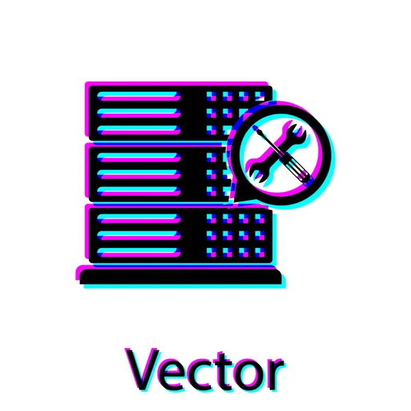 Servidor de banco de dados preto com chave de fenda e ícone de chave de fenda isolado no fundo branco. Ajuste, serviço, configuração, manutenção, reparação, fixação. Ilustração vetorial — Vetor de Stock