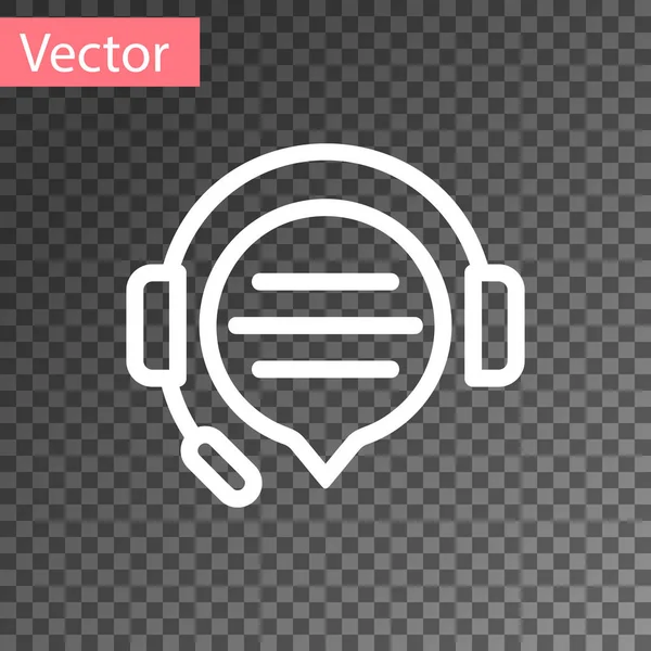 Auriculares blancos con el icono de la burbuja de voz de chat aislado en fondo transparente. Servicio al cliente de soporte, línea directa, centro de llamadas, preguntas frecuentes, mantenimiento. Ilustración vectorial — Vector de stock