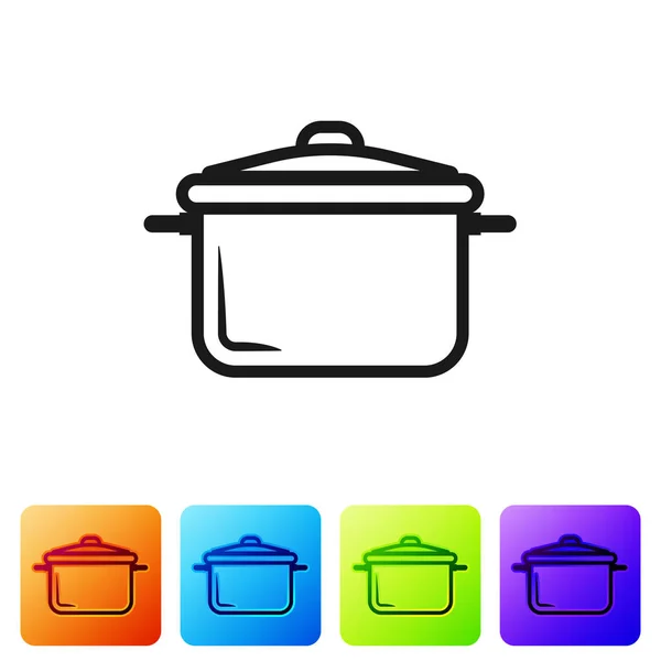 Black Cooking pot icon isolated on white background. Boil or stew food symbol. Set icon in color square buttons. Vector Illustration — Stock Vector
