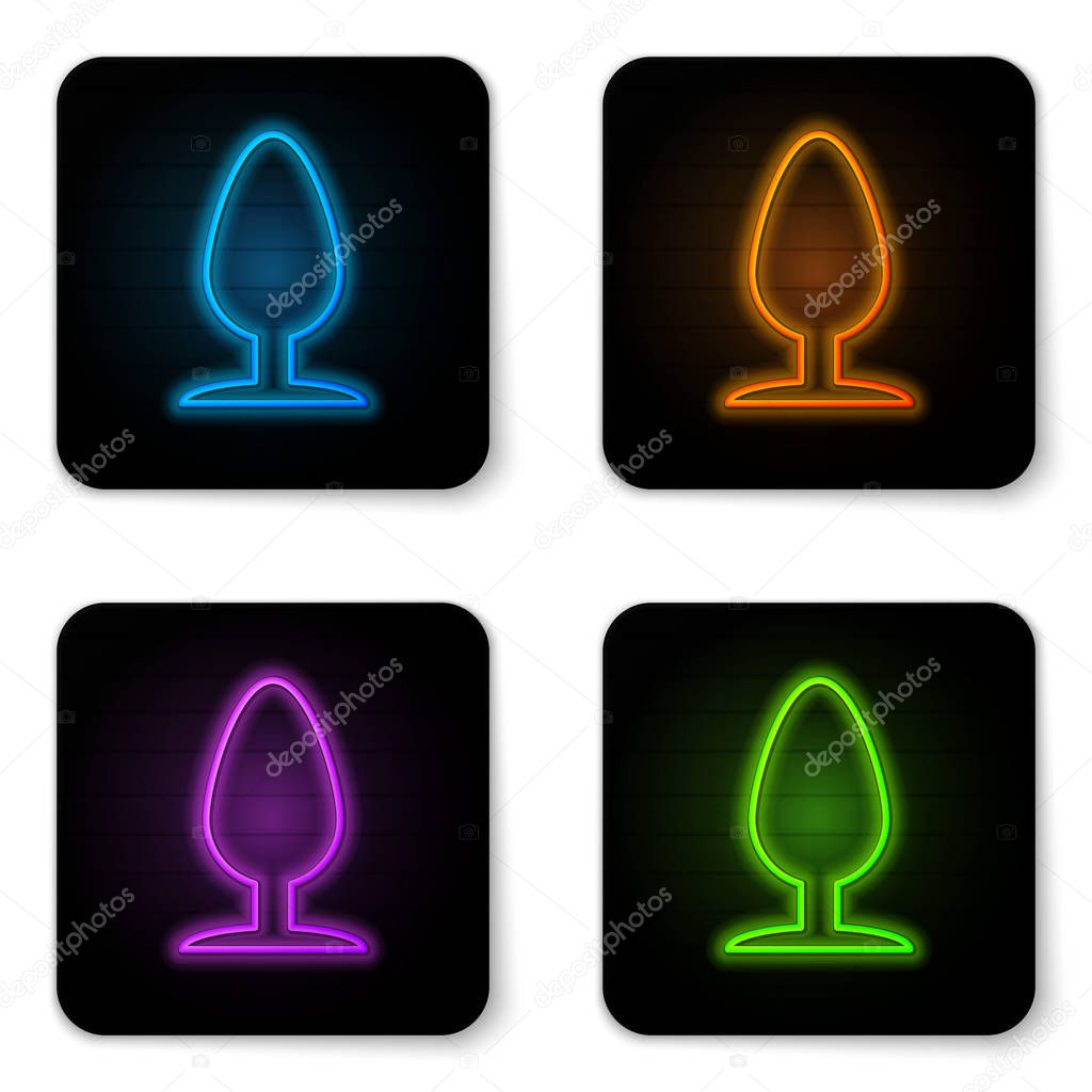 Glowing neon Anal plug icon isolated on white background. Butt plug sign. Fetish accessory. Sex toy for men and woman. Black square button. Vector Illustration