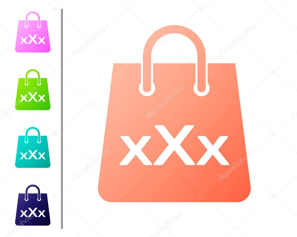 Coral Shopping bag with a triple X icon isolated on white background. Set color icons. Vector Illustration
