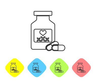 Gri çizgi Ilaç şişesi ilaçları ile potens, afrodizyak simgesi beyaz arka planda izole. Erkekler ve kadınlar için seks hapları. Renk Rhombus düğmelerinde simgesini ayarlayın. Vektör Illustration