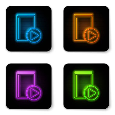 Parlak neon sesli kitap simgesi beyaz arka planda yalıtılmış. Oynat düğmesi ve kitap. Ses kılavuzu işareti. Online öğrenme konsepti. Siyah kare düğmesi. Vektör Illustration