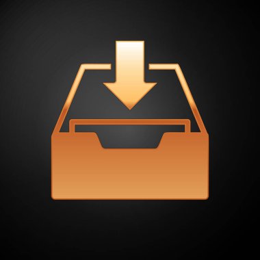 Gold download gelen kutusu simgesi siyah arka planda yalıtılmış. Arşivine Ekle. Vektör Illustration