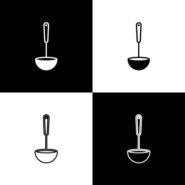 Mutfak kepçesi simgesini siyah ve beyaz arkaplanda izole et. Mutfak aletleri. Çatal kaşık tabelası. Vektör İllüstrasyonu