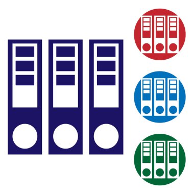 Beyaz arka planda yalıtılmış kağıtlar ve belgeler simgesi olan mavi ofis klasörleri. Ofis bağlayıcıları. Arşiv klasör işareti. Daire düğmelerinde renk simgesini ayarlayın. Vektör Illustration