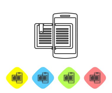 Gri çizgi Smartphone ve kitap simgesi beyaz arka planda izole. Çevrimiçi öğrenme veya e-öğrenme konsepti. Renk Rhombus düğmelerinde simgesini ayarlayın. Vektör Illustration
