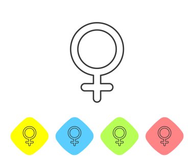 Beyaz arka planda izole gri çizgi kadın cinsiyet sembolü simgesi. Venüs sembolü. Kadın organizma veya kadının sembolü. Renk Rhombus düğmelerinde simgesini ayarlayın. Vektör Illustration