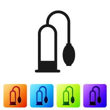 Black Penis pump icon isolated on white background. Penis enlarger. Sex toy for men. Vacuum pump with a blower to increase the penis. Set icon in color square buttons. Vector Illustration
