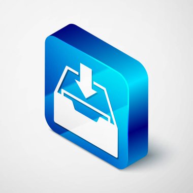 Isometrik Download gelen kutusu simgesi beyaz arka planda yalıtılmış. Arşivine Ekle. Mavi kare düğmesi. Vektör Illustration